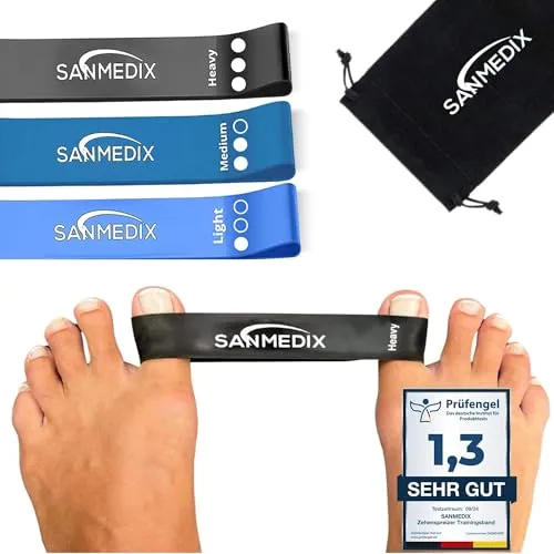 Sanmedix Hallux Valgus Zehenspreizer Trainingsband - Korrektur Set für Schmerzlinderung - Medizinische Verbrauchsmaterialien für Ballen, sofortige Entlastung bei Zehenfehlstellungen mit drei Widerstandsstufen für spürbare Ergebnisse und höchsten Komfort.
