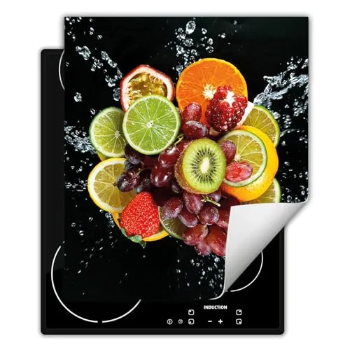 DarHaus Herdabdeckplatte Einteilig Ceranfeld Abdeckplatte Induktionsschutz Küche Deko Vinyl Matte Aufrollbar 45x52 cm, schwarz - Obst