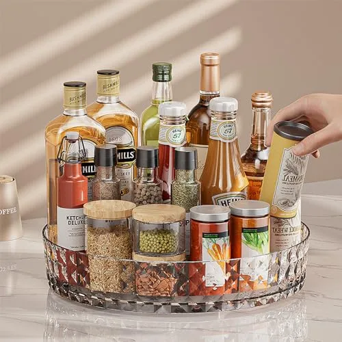 Ollimy Küchen Gewürzregal Gewürz Organizer, 360° Drehteller Organizer küche Lazy Susan, kühlschrank Gewürzhalter Gewürzorganiser, Gewürzregal aus Kunststoff für Gewürze Öl Gewürzflasche (Transparent)