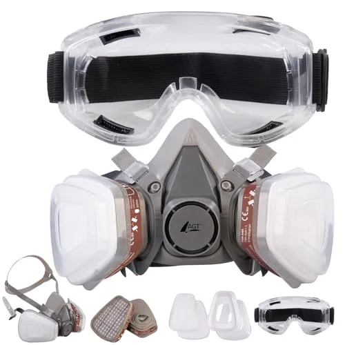 AGT Gasmaske: Atemschutzmaske mit Schutzbrille mit je 2 Gas- und Partikelfiltern (Atemschutz Halbmaske, Atemschutzmaske für Handwerker)