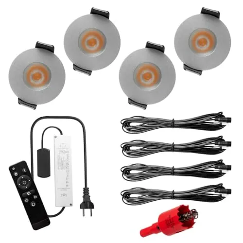 S-Polytec PREMIUM Mini LED- Einbauspots Warmweiss 3.000K, DIMMBAR, IP65, FUNK 3W Einbaustrahler Terrassenüberdachung, Bad, Sauna mit Fernbedienung (SILBER, 4x LED-SET)