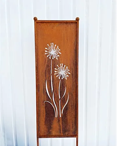 Edelrost Sichtschutz Blumen Motiv Allium 116 cm x 33 cm Paravent zum Stecken Gartenstecker Edelrost Gartendeko Wetterfest Rost Metall Zaun Pusteblume