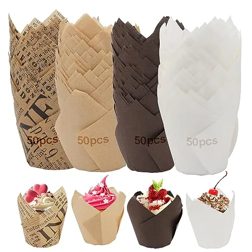 Tulpen Muffinförmchen 200 Stück - Einweg-Backbecher in 4 Farben, ideal für Cupcakes und Muffins. Hitzebeständig bis 230 °C, aus lebensmittelechtem Papier, perfekt für jede Feier!