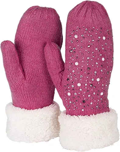 styleBREAKER Damen warme Winter Strick Fäustlinge mit Strass und Perlen, Handschuhe, Thermo Fleece, Strickhandschuhe 09010039, Farbe:Pink