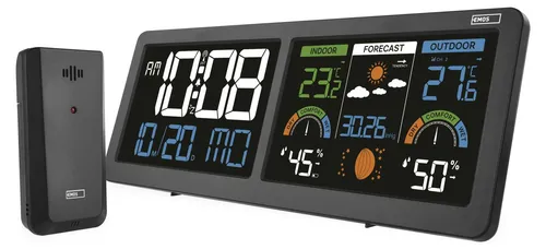 EMOS Wetterstation mit 2 LCDs, drahtloser Sensor (2x AA), Comfort-View-Technologie, Wettervorhersage, inkl. Netzkabel, schwarz, E8625
