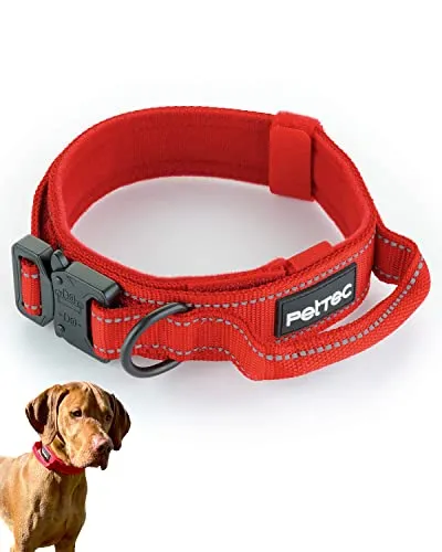 PetTec Hundehalsband aus Neopren & Nylon, Halsband mit Griff für kleine & große Hunde weich gepolstert (S-XL), äußerst robust & wasserabweisend, verstellbar, Set Halsband & Schleppleine, rot