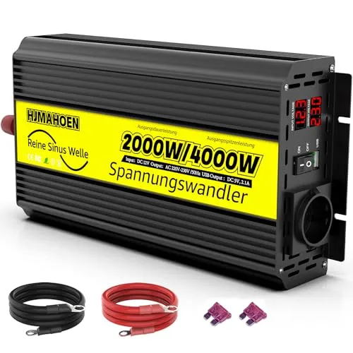 Wechselrichter 12V auf 230V Reine Sinuswelle Spannungswandler, für Zuhause, Wohnmobil, LKW,mit eingebautem 5V/2.1A USB-Anschluss (2000w)