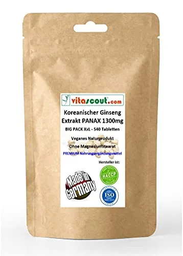 Koreanischer Ginseng, 540 Tabletten, Panax Extrakt, Entspricht 1300 mg Pulver pro Tablette, Hochdosiert, Vegan, Ohne Magnesiumstearat, Nahrungsergänzungsmittel
