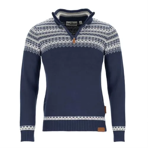 tomBrook Herren Troyer mit Norweger-Strick-Muster - Strickpullover mit Troyer-Kragen aus Baumwolle in Blau Größe L