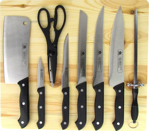 9-tlg. Messerset inkl. Holzbrett - spülmaschinengeeignet - Messerset für Profiköche und Hobbyköche, bestehend aus 9 hochwertigen Edelstahl-Messern und einem dekorativen Holzbrett. Pflegeleicht und spülmaschinengeeignet für müheloses Kochen.