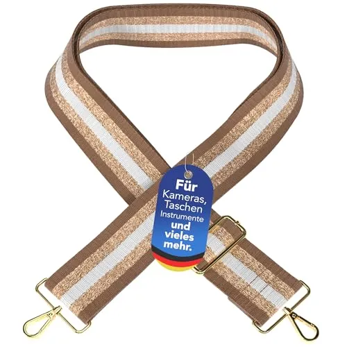 EAZY CASE - Verstellbarer Taschengurt, Ersatz Gurt für Handtaschen, Schulterriemen für Umhängetaschen, breiter Riemen für Taschen und Tragetaschen, DIY Taschenband, Lines - Braun Metal Gold