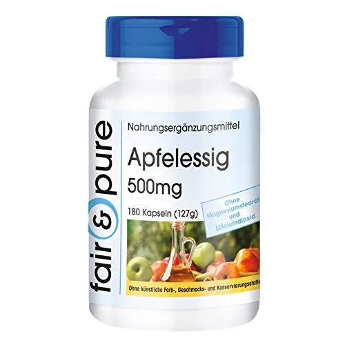 Fair & Pure Apfelessig 500 mg, 180 Kapseln, Nahrungsergänzungsmittel vegan ohne Magnesiumstearat, in Deutschland hergestellt