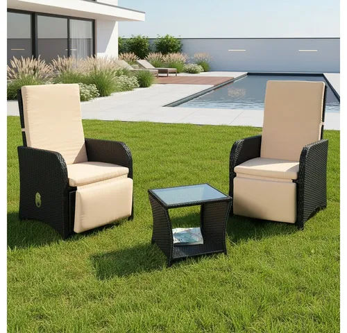 Mucola Gartenmöbel Tisch Schwarz mit Glas und PolyRattan - Loungemöbel & Sitzgruppen, stilvolles Design mit wertvoller Handarbeit, inkl. Beistelltisch und ESG-Sicherheitsglas, perfekt für Terrasse und Balkon.