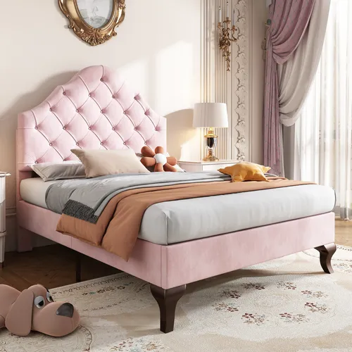 Polsterbett 90x200 cm mit höhenverstellbarem Kopfteil aus Samt - Rosa - Stylisches Polsterbett mit Lattenrost und höhenverstellbarem Kopfteil. Ideal für Kinder und Jugendliche, gefertigt aus robustem Kiefernholz. Hohe Stabilität und modernes Design garantieren einen komfortablen Schlaf.