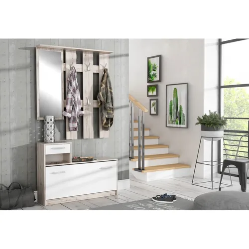 FORTE Garderoben-Set Foxi (2-teilig) in Weiss/Sandeiche - Garderoben-Set mit Spiegel, Kleiderhaken und Schuhschrank, modernes Design in Weiss/Sandeiche, praktische 4 Haken und kompakte Maße für optimale Raumnutzung.