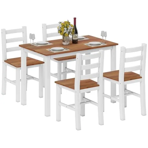 HOMCOM Essgruppe Esstisch mit 4 Stühlen - Platzsparende Küchentischgruppe aus Kiefernholz - 5-teiliges Essgruppenset im rustikalen Bauernhausstil, ideal für kleine Räume. Der Tisch bietet mit 108L x 65B cm viel Platz für gesellige Mahlzeiten und lässt sich platzsparend verstauen.
