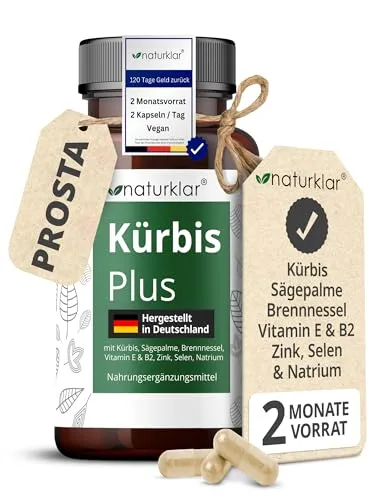 Naturklar Sägepalmenextrakt & Kürbiskernextrakt - 8 Fach Kombi Kapseln - Nahrungsergänzungsmittel mit 8-fach Kombination aus Sägepalmen- und Kürbiskernextrakt, plus Vitamine und Mineralstoffe für eine optimale Unterstützung der Prostata- und Blasengesundheit.