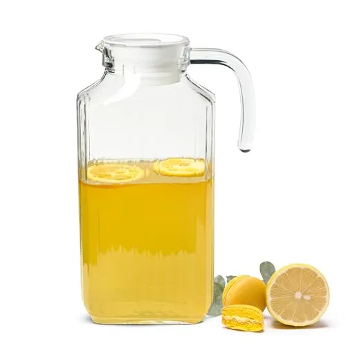 Sendez Glaskaraffe 1,8 Liter mit Deckel & Henkel – Saftkrug mit strukturierter Oberfläche – Wasserkaraffe aus Glas, tropffreier Ausgießer, spülmaschinengeeignet – für Wasser, Saft & Getränke