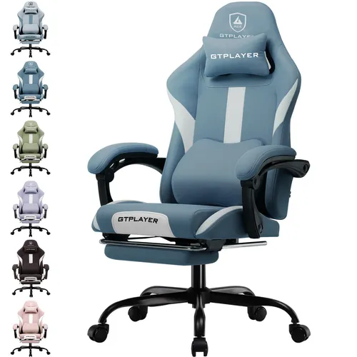 GTPLAYER Ergonomischer Gaming Stuhl mit Fußstütze - Blau - Bürostuhl mit ergonomischem Design und atmungsaktiver Stoffoberfläche, ideal für lange Gaming-Sessions. Die ausziehbare Fußstütze und verstellbare Rückenlehne bieten zusätzlichen Komfort.