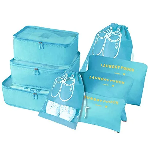 Vicloon Koffer Organizer, 8-in-1-Set Gepäck Organizer, wasserdichte Reise Kleidertaschen umfassen 2 Schuhbeutel, 3 Packwürfel und 3 Aufbewahrungsbeutel, für Kleidung Schuhe Kosmetik - Hellblau