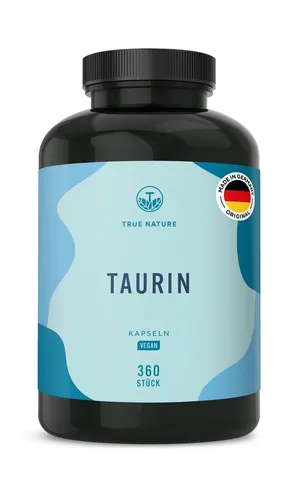 Taurin 1000mg - 360 Kapseln Hochdosiert - Vegan - TRUE NATURE® - Nahrungsergänzungsmittel mit 1000mg Taurin pro Kapsel, ideal zur Unterstützung von Muskeln und Gehirn für 180 Tage. 100% vegan und ohne Allergene.