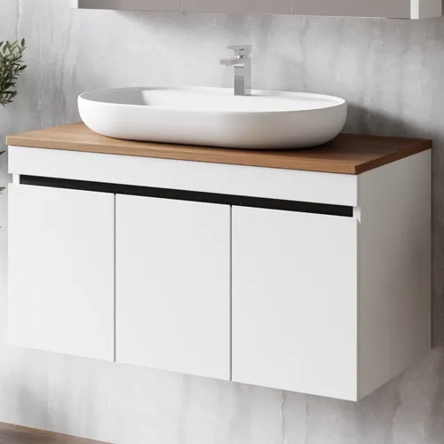 Karen Waschtisch-Set Venus Weiß 100 cm - Moderne Waschtisch-Kombination mit Unterschrank und Konsole in Hochglanz Weiß und Walnuss, inklusive hochwertigem Keramikwaschbecken. Ideal für stilvolle Badezimmer mit praktischem Stauraum.