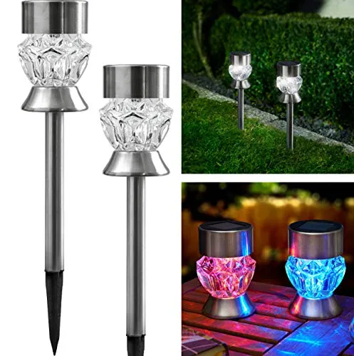 Bonetti - Solarlampen für Außen aus Edelstahl mit Glas im Diamanten-Look, kalt-weiße LED/bunt, kabellos und wetterfest, dekorative Solarleuchte für den Garten, Terrasse und Balkon (2)