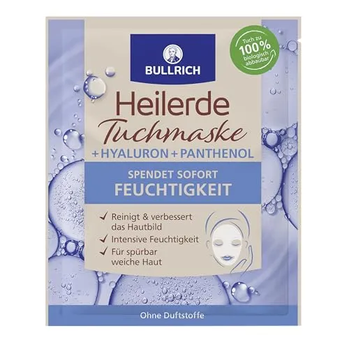Bullrich Heilerde Tuchmaske mit Hyaluronsäure | Feuchtigkeitsspender für die Haut - Gesichtsmasken & Gesichtskuren, reinigt und verbessert das Hautbild, vegan und 100% biologisch abbaubar für eine glatte und straffe Haut.