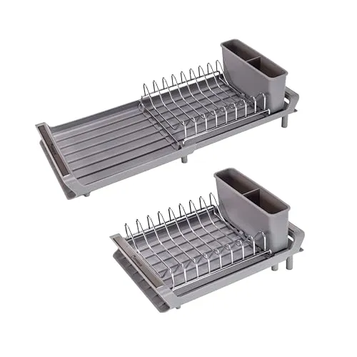Erreke Abtropfgestell Geschirr, Geschirrabtropfgestell, Abtropfgestell Geschirr Klein, Ausziehbar, Ausläufe in die Spüle, Rost Edelstahl Besteckhalter, Abtropfständer Kompakt 28x20cm Farbe Grau