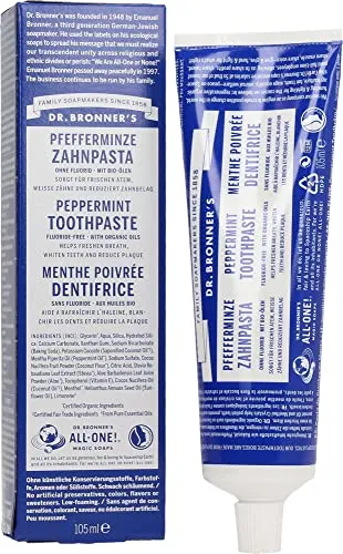 DR. BRONNER'S ZAHNPASTA Pfefferminz 105 ml - Bio-Zahnpasta ohne Fluorid und künstliche Zusatzstoffe, sorgt für frischen Atem und weiße Zähne. Unterstützt nachhaltige Anbaumethoden mit ätherischem Bio-Pfefferminzöl aus fairem Handel.