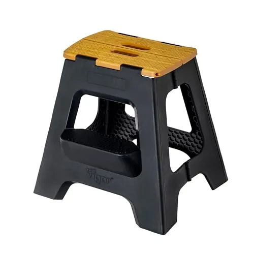 Vigar Kompakte Tritthocker Klappbar für Erwachsene, 40 cm, 2‑Schritt, Klapphocker Faltbar 150 kg rutschfest, Leicht, Hocker Klappbar für Zuhause, Bad, Schlafzimmer, Büro, Schwarz Bamboo Print