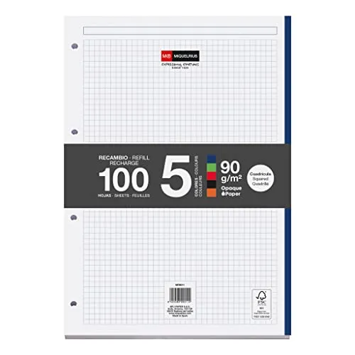 Miquelrius – Nachfüllblock, 100 karierte Blätter 5x5 mm, Opakes Papier 90 g/m², A4 Ersatzblätter gelocht für Ringordner oder Schnellhefter, Schulbedarf, 5 Blattfarben