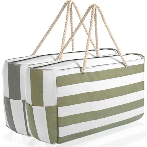 BigDean XXL Strandtasche - Große Badetasche mit Reißverschluss (Grün Weiß & Grau Weiß) - Geräumige XXL Strandtasche (53 × 38 × 20 cm) für Strand, Sauna und Einkauf. Mit cleverer Fächeraufteilung und schmutz- sowie wasserabweisendem Material – ideal für jeden Anlass und leicht zu reinigen.