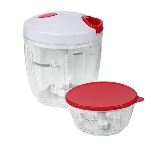 STONELINE Multi-Zerkleinerer manuell ohne Strom 12-teiliges Set 900 + 400 ml rot, mit Edelstahlklingen für Gemüse Obst Zwiebeln Nüsse Knoblauch, Schneebesen, Reibe, Zitruspresse, Multizerkleinerer