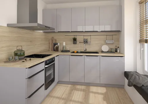 L-Form Küchenzeile ESSEN 230x230cm - Moderne Einbauküche in grau Acryl Hochglanz, mit 3 Schubladen und Soft-Close Funktion für leises Schließen. Perfekt für effizientes Kochen und stilvolles Wohnen.