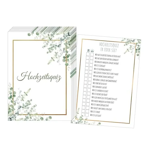 JEKA 50 Karten Hochzeitsquiz, Hochzeitsspiel Braut oder Bräutigam, Hochzeitsspiele für Gäste, Hochzeitsspiel Brautpaar, Hochzeitsgeschenk (Gold Grün)