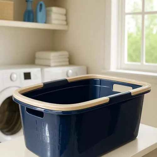 Liter Henkel Wäschekorb Wäschewanne Bügel Wäsche Plastik Griffen Kunststoff Korb Grau Blau (Blau) 32