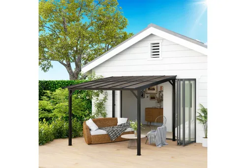 Outsunny Pergola ca. 3x3m, Wasserdicht, Stabil, Winterfest mit UV-Schutz 50+, (Terrassenüberdachung, 1-tlg., Wandmontiert Gartenpavillon), aus Metall, für Garten Terrasse Balkon Dunkelgrau