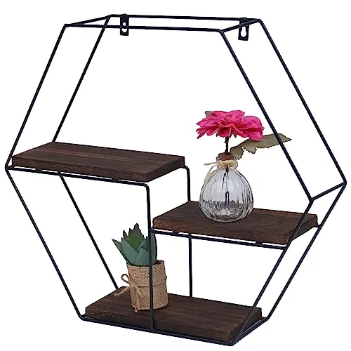 Mendler Wandregal HWC-K76, Hängeregal Schweberegal Regal, 3 Regalböden Metall Massiv-Holz Industrial 43x49x11cm - Dunkelbraun