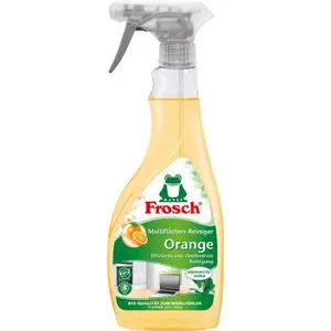 Frosch Orange Multiflächenreiniger 500 ml - Reinigungsmittel für alle glatten Oberflächen mit Orangenauszügen, hinterlässt einen frischen Duft und ist frei von Microplastik. Ideal für Glas, Holz, Kunststoff und elektronische Geräte.