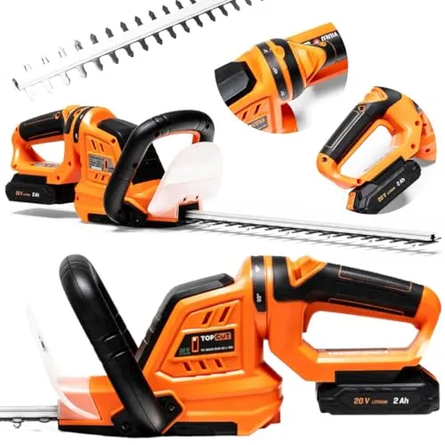 TOP CUT Akku Heckenschere 45,5cm – 20V mit Akku & Ladegerät, drehbarer Griff, 16mm Schnittstärke, Gartenschere elektrisch – TC-NA20-B20-45-L-RH
