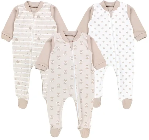 TupTam Schlafoverall Unisex Schlafstrampler 3er Pack - Baby-Hosen aus 100% Baumwolle, ideal für einen bequemen Schlaf mit süßem Fuchs-Design in beige und bunten Streifen.