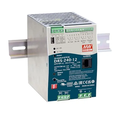 MW Mean Well DRS-240-12 Hutschienen-Netzteil - Hutschienen-Netzteil mit USV-Funktion, 12V und 20A, ideal für industrielle Anwendungen und zuverlässige Stromversorgung.