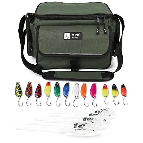 Zite Fishing Zubehör-Set | Angeltasche mit 4 Tackle-Boxen | Angel-Koffer | Forellen-Tasche | Trout Spoons Forellen-Blinker | Ultra Light Köder | 5 Sbirolino Angel-Posen