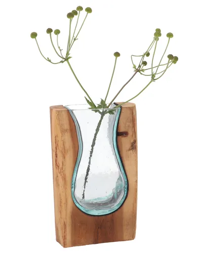 Vase aus Recyclingglas mit Teakholz