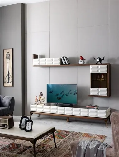 Moderne Wohnwand mit Sideboard und TV-Ständer in Weiß - Abteilung: Erwachsene, modernes Design mit offenen Regalen und Schubfächern, ideal für Ihr Wohnzimmer. Maße Sideboard: 203 x 48 x 45 cm, Wandschrank: 232 x 35 x 108 cm. Pflegeleichte Materialien und einfache Montage.