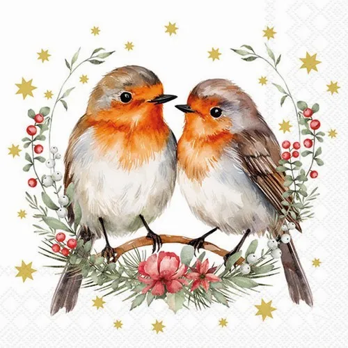 Servietten Couple of Robins Rotkehlchen Vögel Tiere Beeren Winterkranz 33x33 20