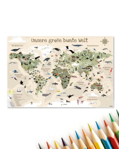 Schreibtischunterlage Weltkarte für Kinder - Beige Edition | 60 x 40 cm - Bücher - Abwischbare, rutschfeste Lernunterlage mit handgezeichneter Weltkarte, ideal für ruhige Lernumgebungen und kreative Entfaltung!
