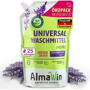 AlmaWin Waschmittel Vollwaschmittel Lavendelduft, flüssig, Konzentrat, 1,5 L, Ökopack, Waschladungen 25