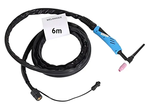 WELDINGER WIG-Schweißbrenner SRP 26 integriert 2-polige Steuerbuchse 6 m lang WIG-Schlauchpaket für Schweiß-Inverter HF mit Strombuchse am Gasanschluss (SPW6)